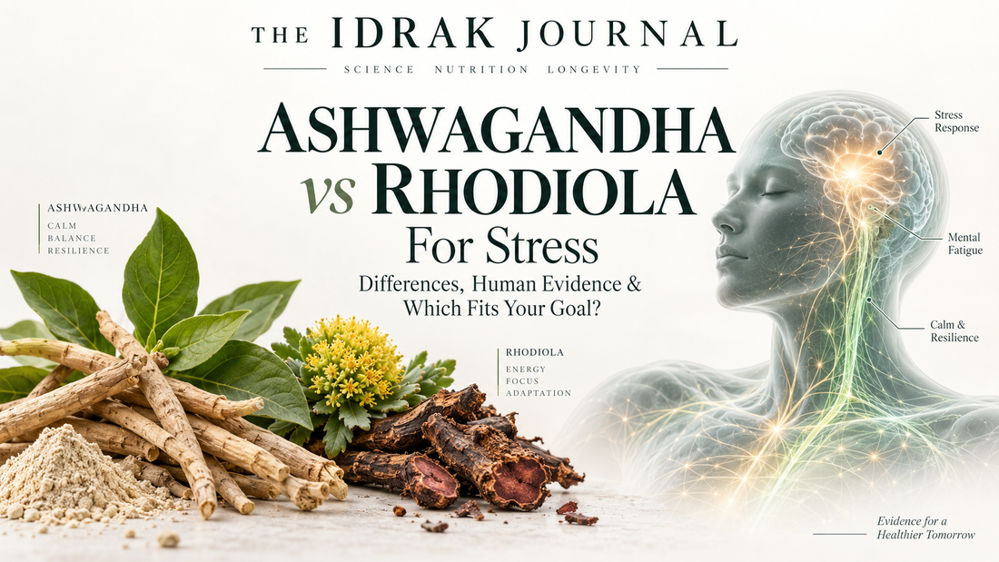Cover of The Idrak Journal article “Ashwagandha vs Rhodiola for Stress: Differences, Human Evidence & Which Fits Your Goal?,” featuring ashwagandha root, Rhodiola root and a translucent stress-response illustration.