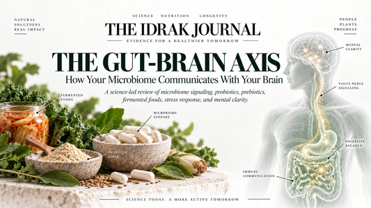 Cover of The Idrak Journal article “The Gut-Brain Axis: How Your Microbiome Communicates With Your Brain,” featuring fermented foods, capsules and a translucent gut-brain illustration.