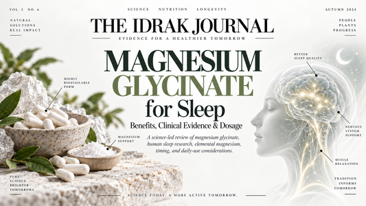 Cover of The Idrak Journal article “Magnesium Glycinate for Sleep: Benefits, Clinical Evidence & Dosage,” featuring magnesium capsules, mineral crystals and a translucent brain and nervous system illustration.