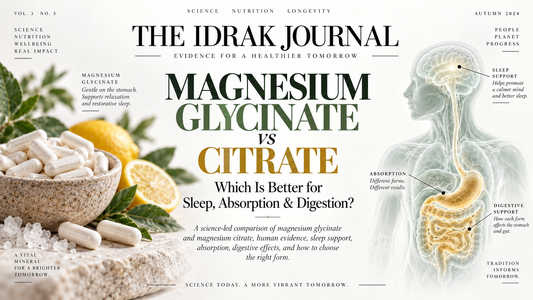 Cover of The Idrak Journal article “Magnesium Glycinate vs Citrate: Which Is Better for Sleep, Absorption & Digestion?,” featuring magnesium capsules, mineral crystals, citrus and sleep and digestive-support imagery.