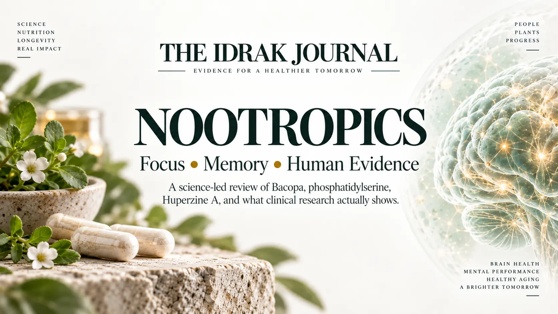 Cover of The Idrak Journal article “Nootropics for Focus & Memory: What Human Research Actually Shows,” featuring botanical ingredients, supplement capsules and a translucent brain illustration.