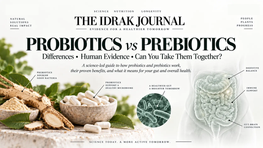 Cover of The Idrak Journal article “Probiotics vs Prebiotics,” featuring prebiotic ingredients, probiotic capsules, microbiome imagery and a translucent digestive system illustration.