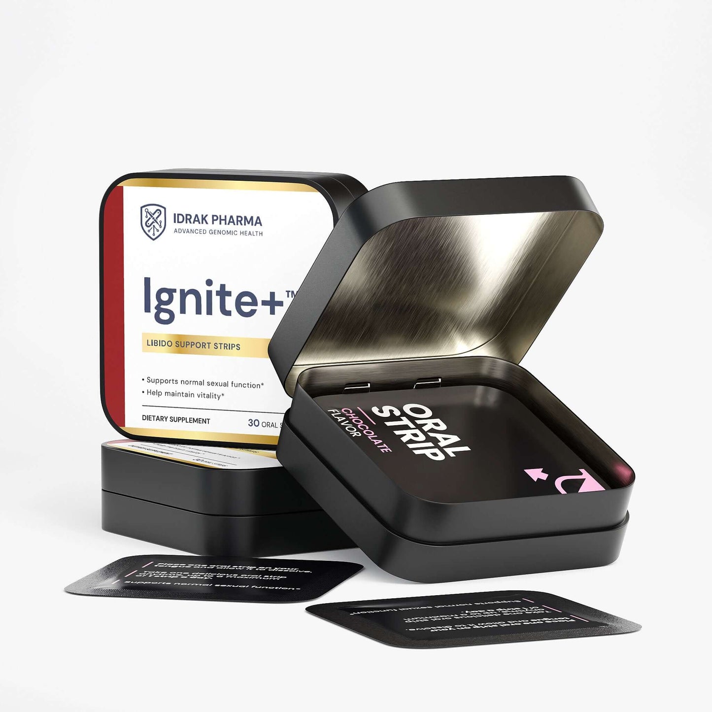 Idrak Pharma Ignite+ premium energy supplement oral strips in chocolate flavor