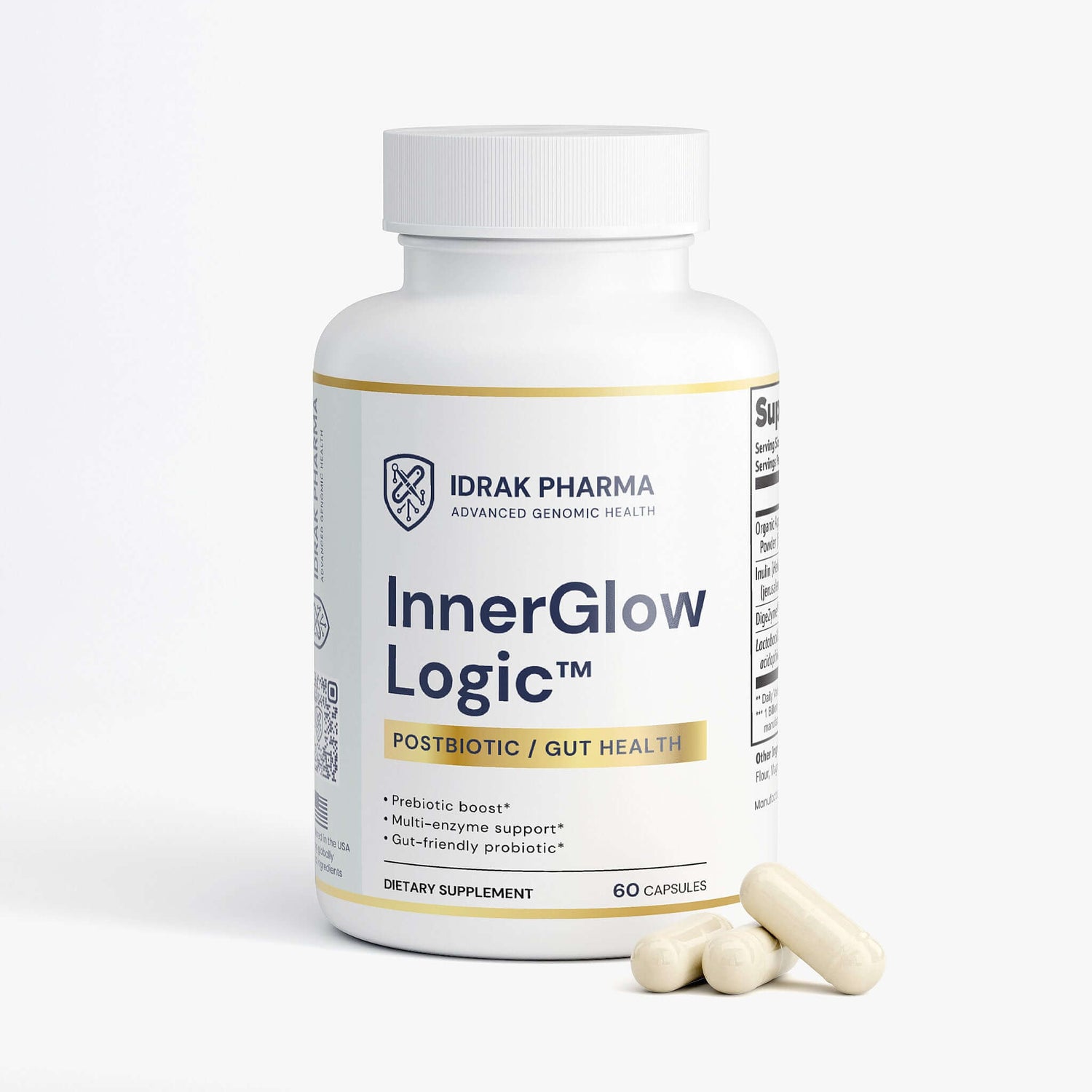 InnerGlow Logic premium gut health supplement packaging by Idrak Pharma