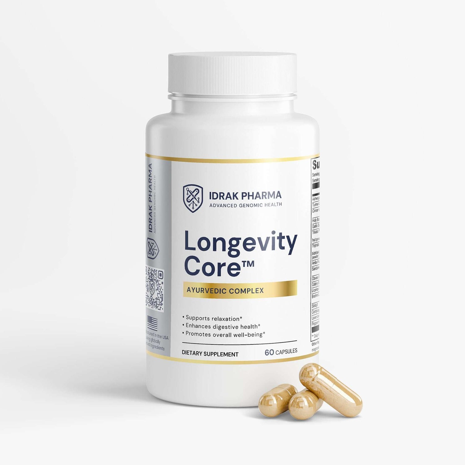 Longevity Core Ayurvedic wellness capsules in a white bottle with golden label, highlighting natural herbal ingredients.