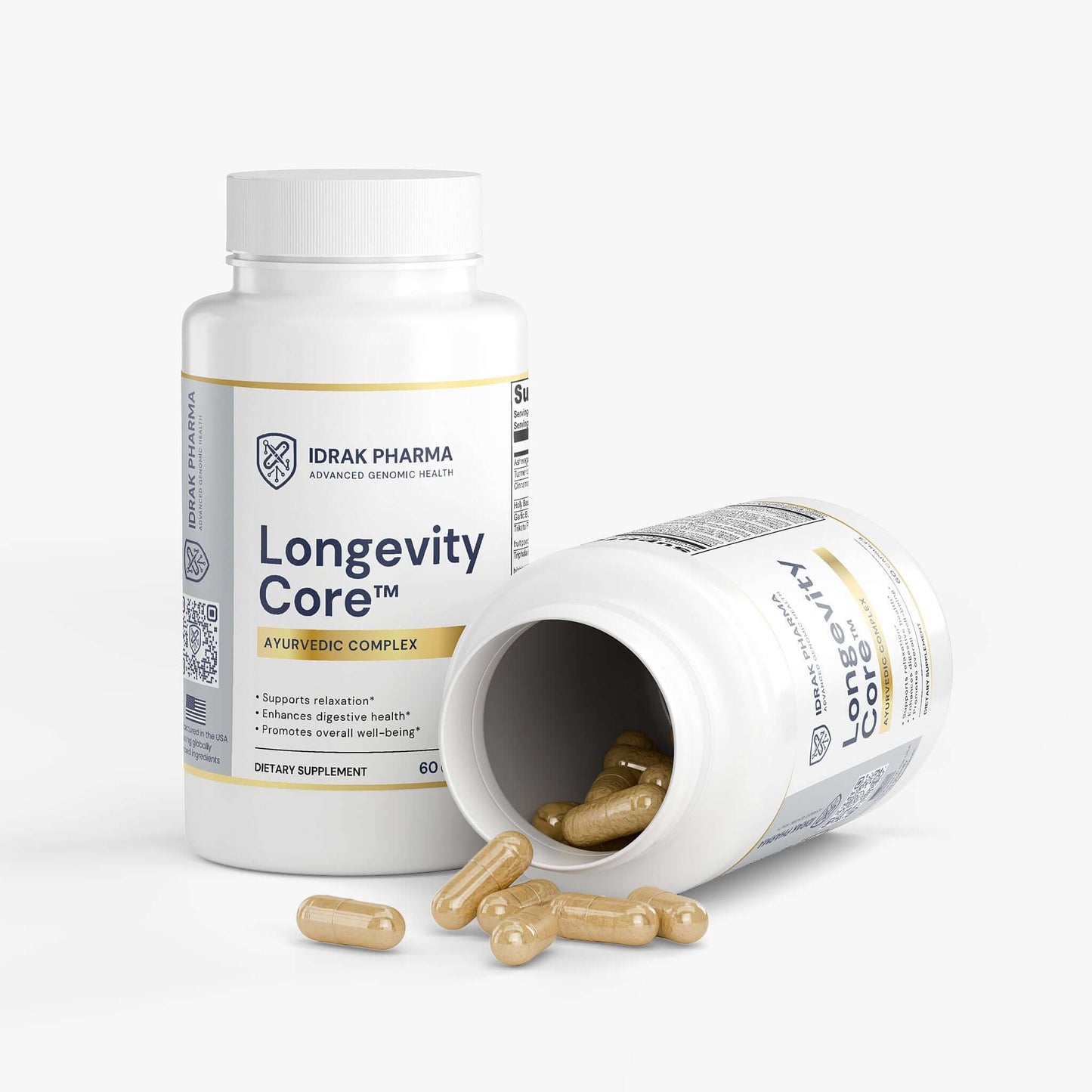 Longevity Core Ayurvedic wellness capsules bottle with opened cap and capsules spilling out.