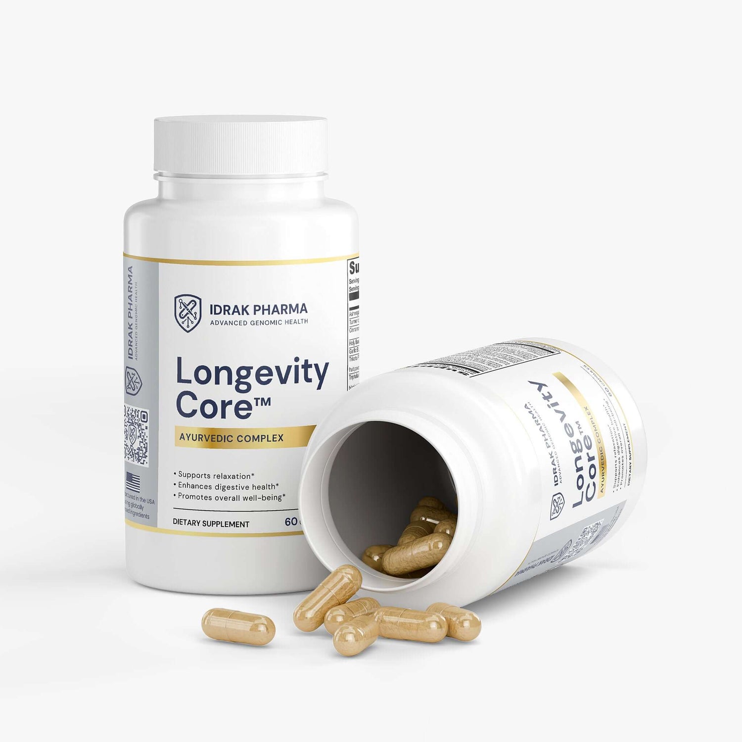 Longevity Core Ayurvedic wellness capsules bottle with opened cap and capsules spilling out.