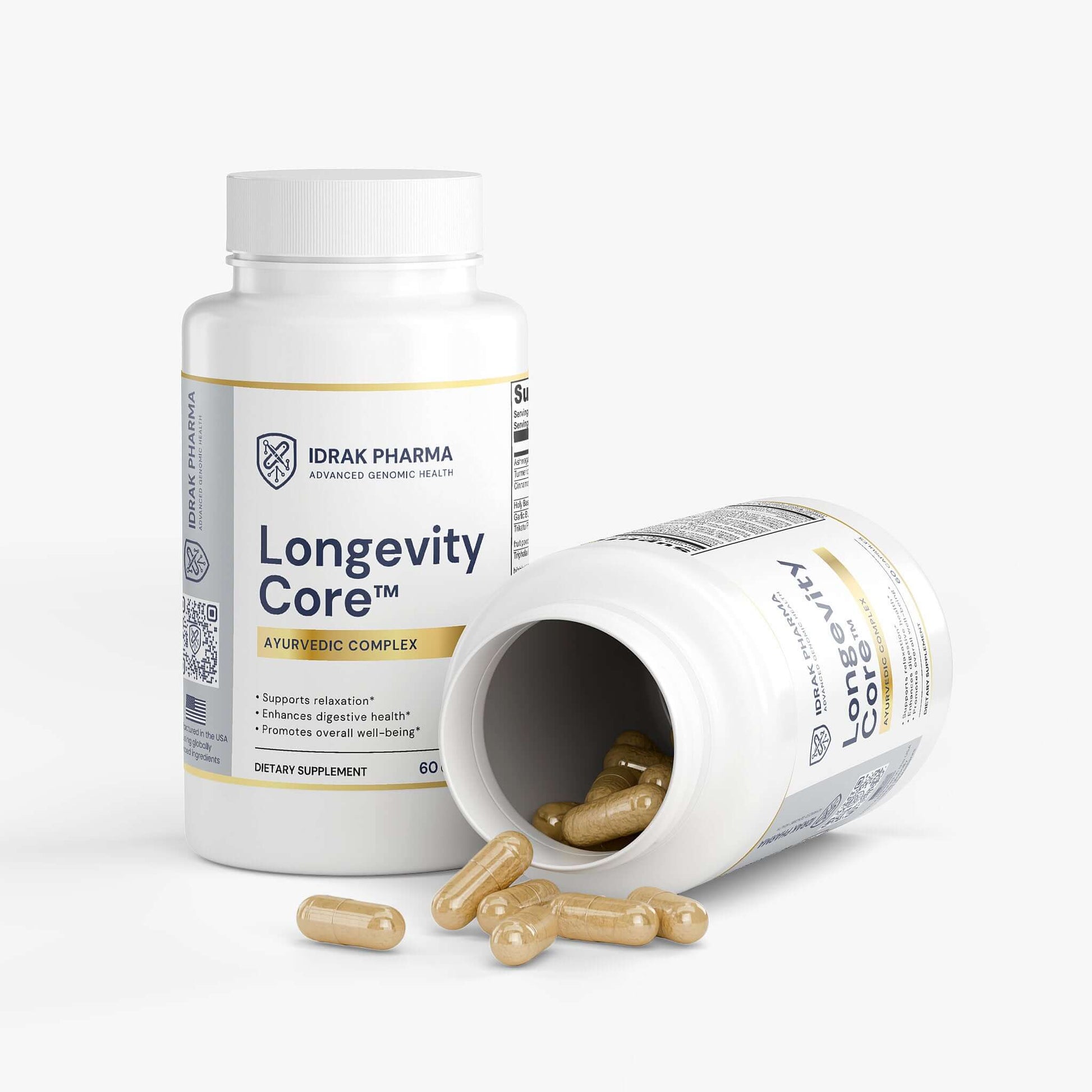 Longevity Core Ayurvedic wellness capsules bottle with opened cap and capsules spilling out.