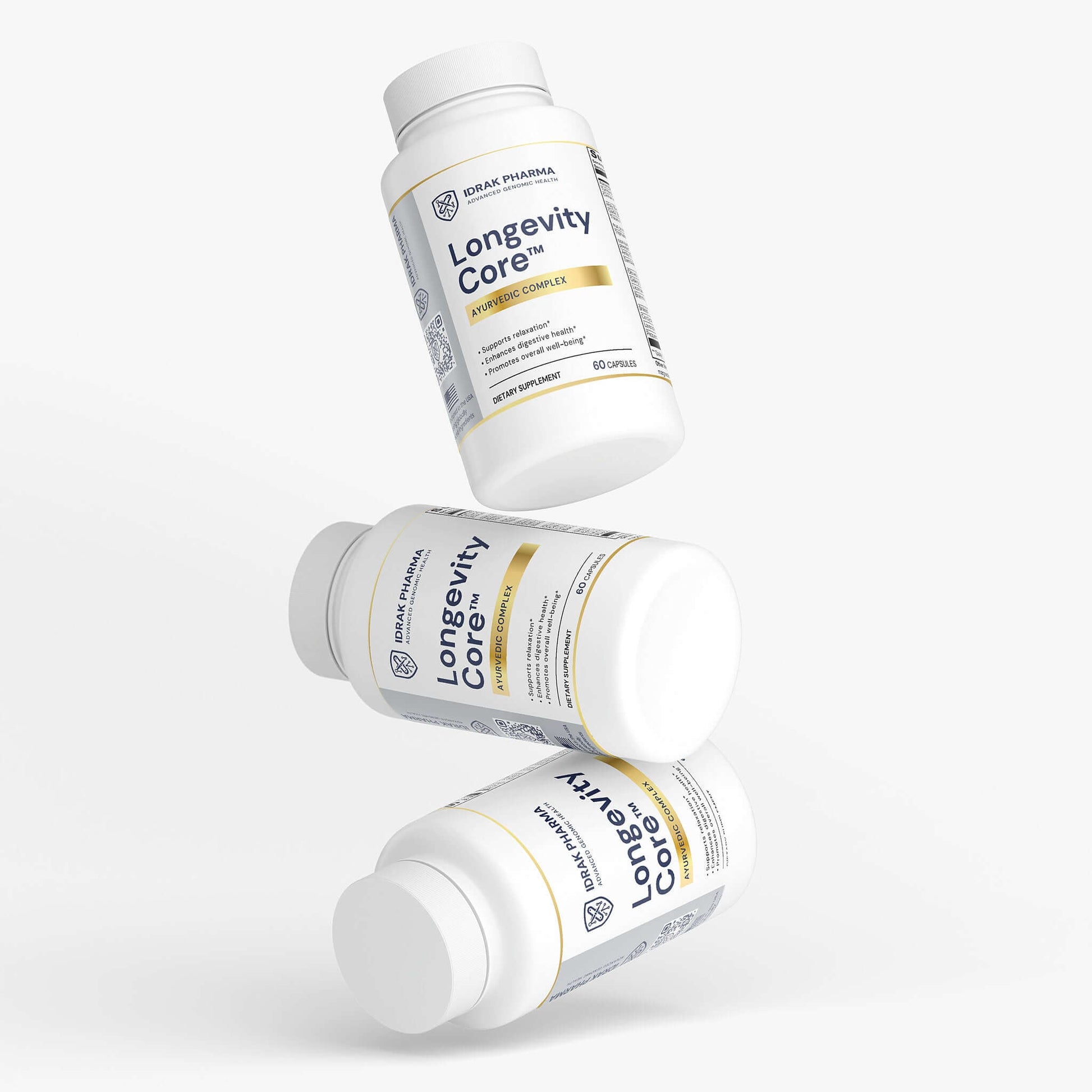 Three bottles of Longevity Core™, Ayurvedic wellness capsules for daily health and wellness.
