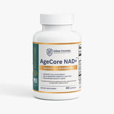 A white bottle of Idrak Pharma AgeCore NAD+ dietary supplement with a white cap, featuring a clean white label with gold and teal accents, set against a plain white background.