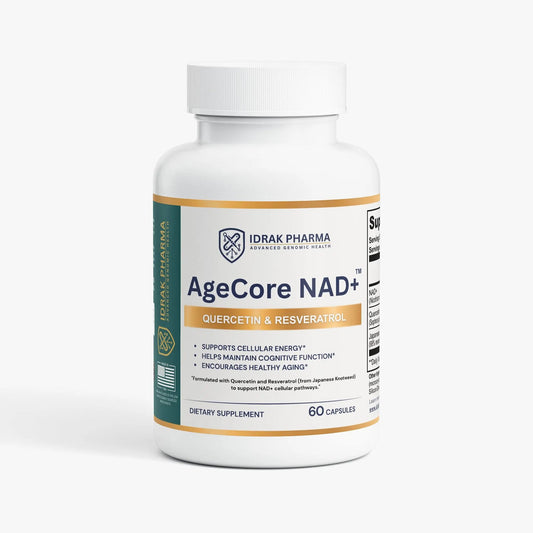 A white bottle of Idrak Pharma AgeCore NAD+ dietary supplement with a white cap, featuring a clean white label with gold and teal accents, set against a plain white background.