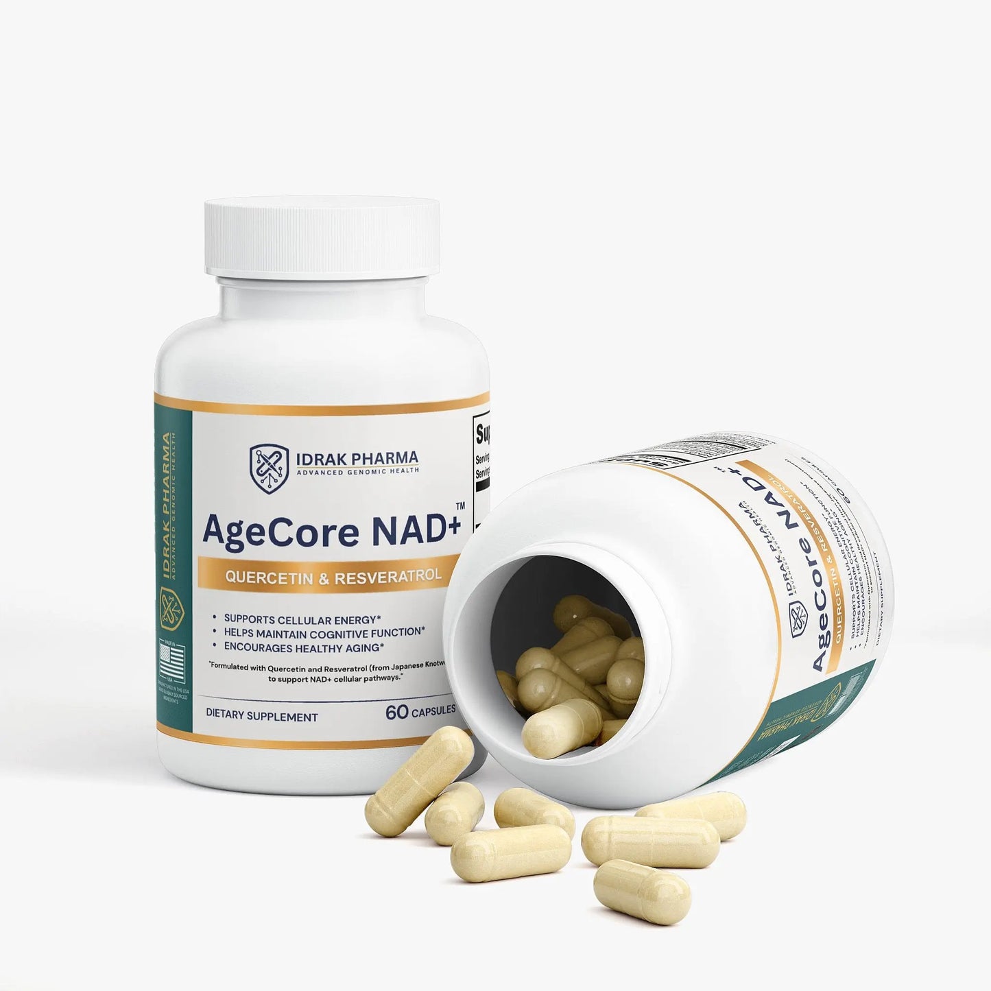 Two white bottles of Idrak Pharma AgeCore NAD+ dietary supplement capsules, with one standing upright and the other lying on its side showing the capsules inside, with several capsules scattered in front on a clean white background.