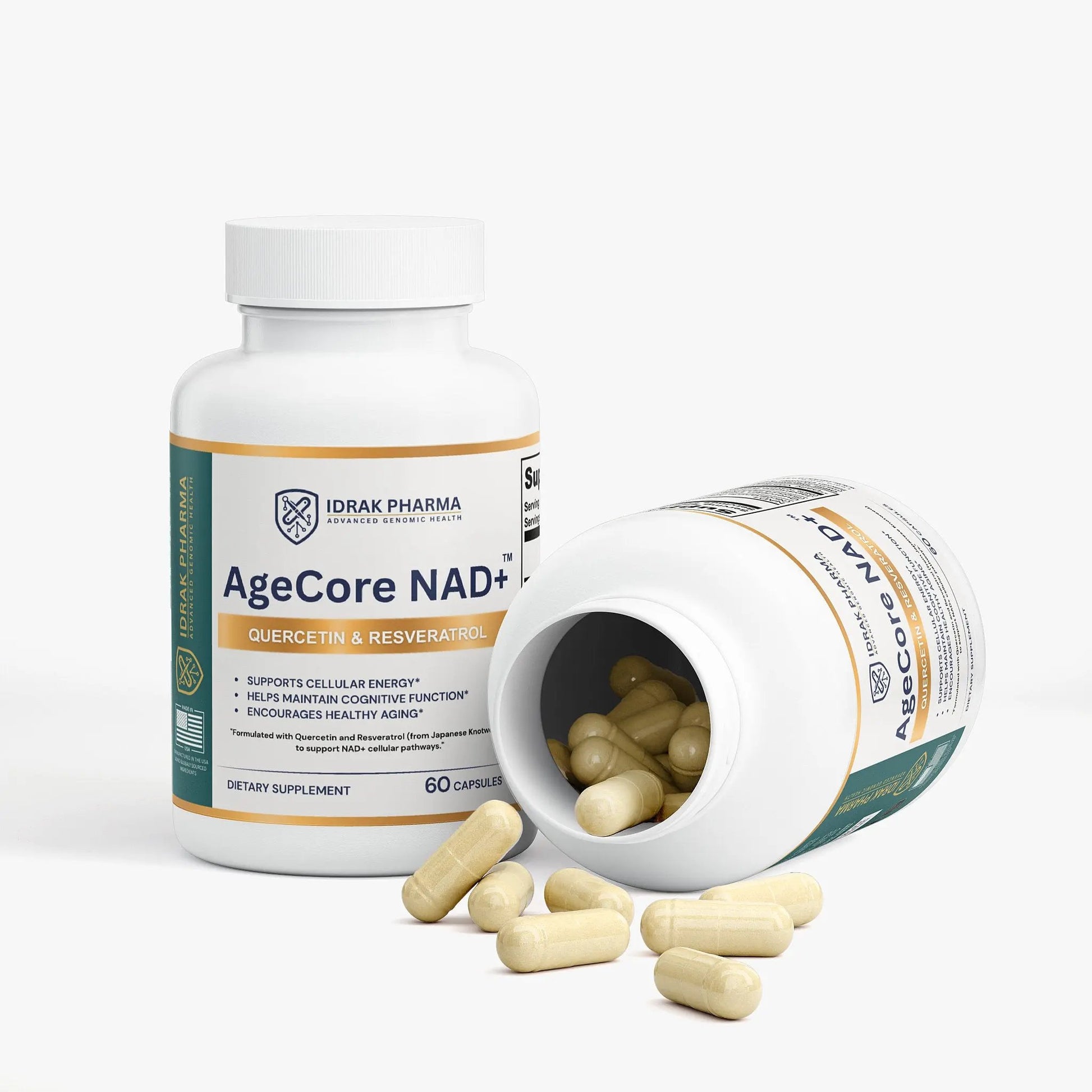 Two white bottles of Idrak Pharma AgeCore NAD+ dietary supplement capsules, with one standing upright and the other lying on its side showing the capsules inside, with several capsules scattered in front on a clean white background.