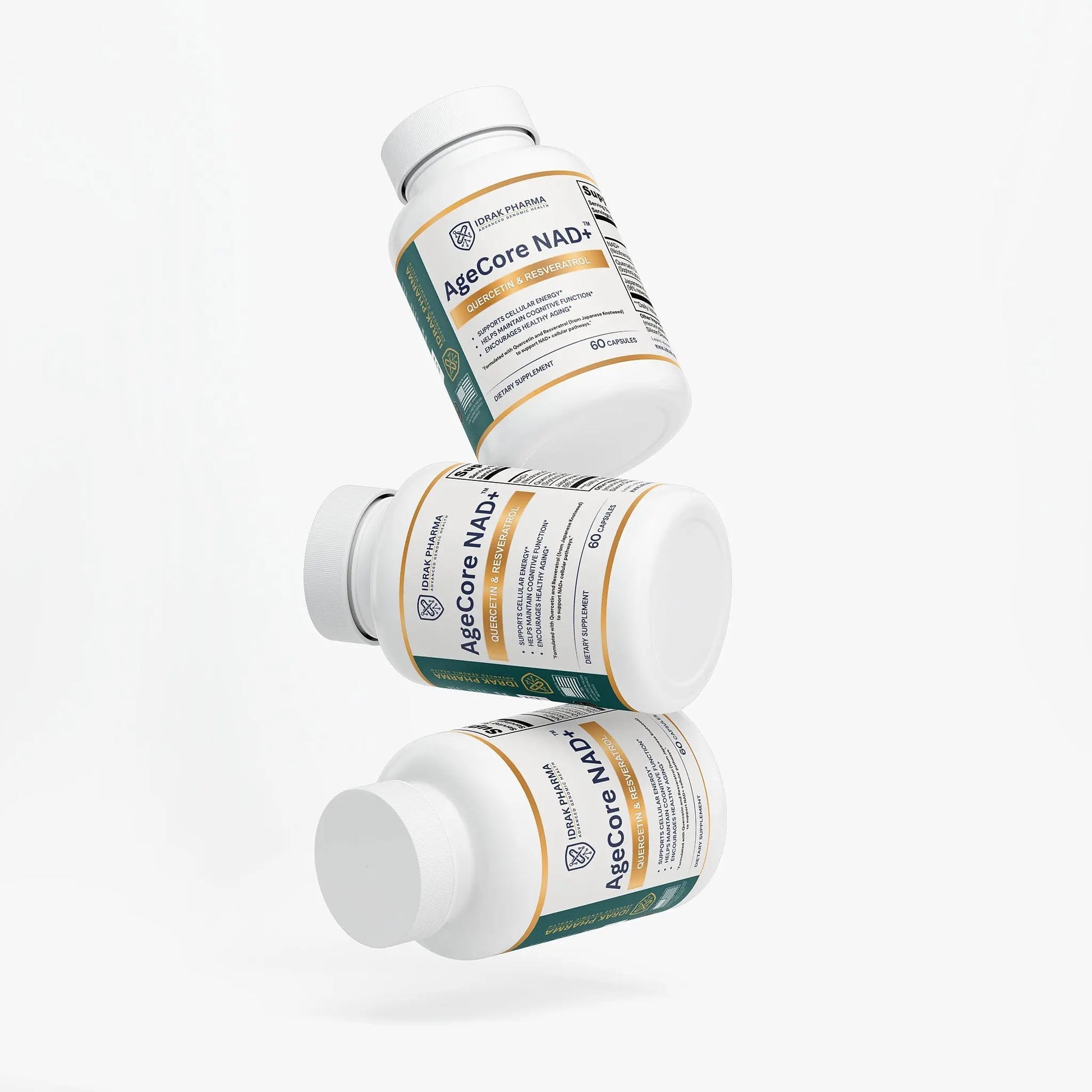 Three white supplement bottles labeled AgeCore NAD+ are arranged in a floating stack on a clean white background.