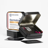 Dermalux™ oral strip tin with branded box and mango strip sachets by Idrak Pharma