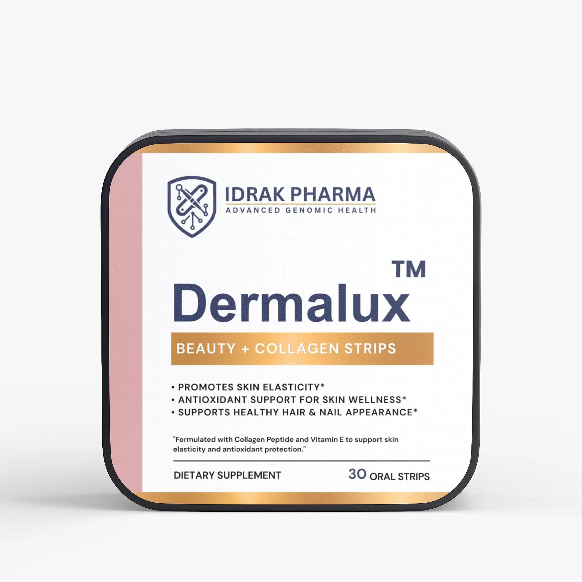 A square supplement package for IDrak Pharma Dermalux Beauty + Collagen Strips, shown on a clean light gray background. The package has a white front label with a soft pink left side, dark navy text, and a tan band reading 'BEAUTY + COLLAGEN STRIPS.