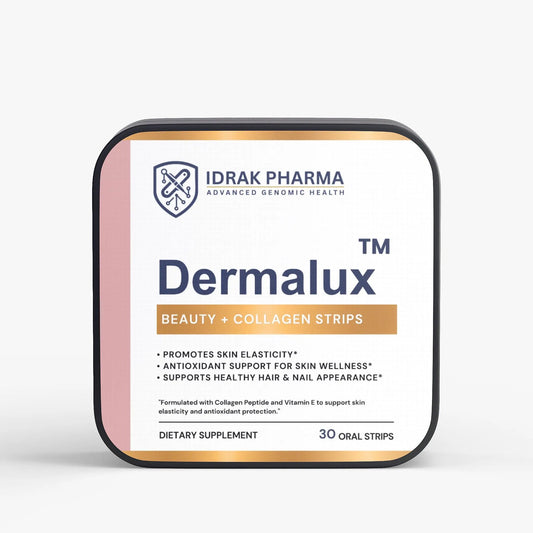 A square supplement package for IDrak Pharma Dermalux Beauty + Collagen Strips, shown on a clean light gray background. The package has a white front label with a soft pink left side, dark navy text, and a tan band reading 'BEAUTY + COLLAGEN STRIPS.