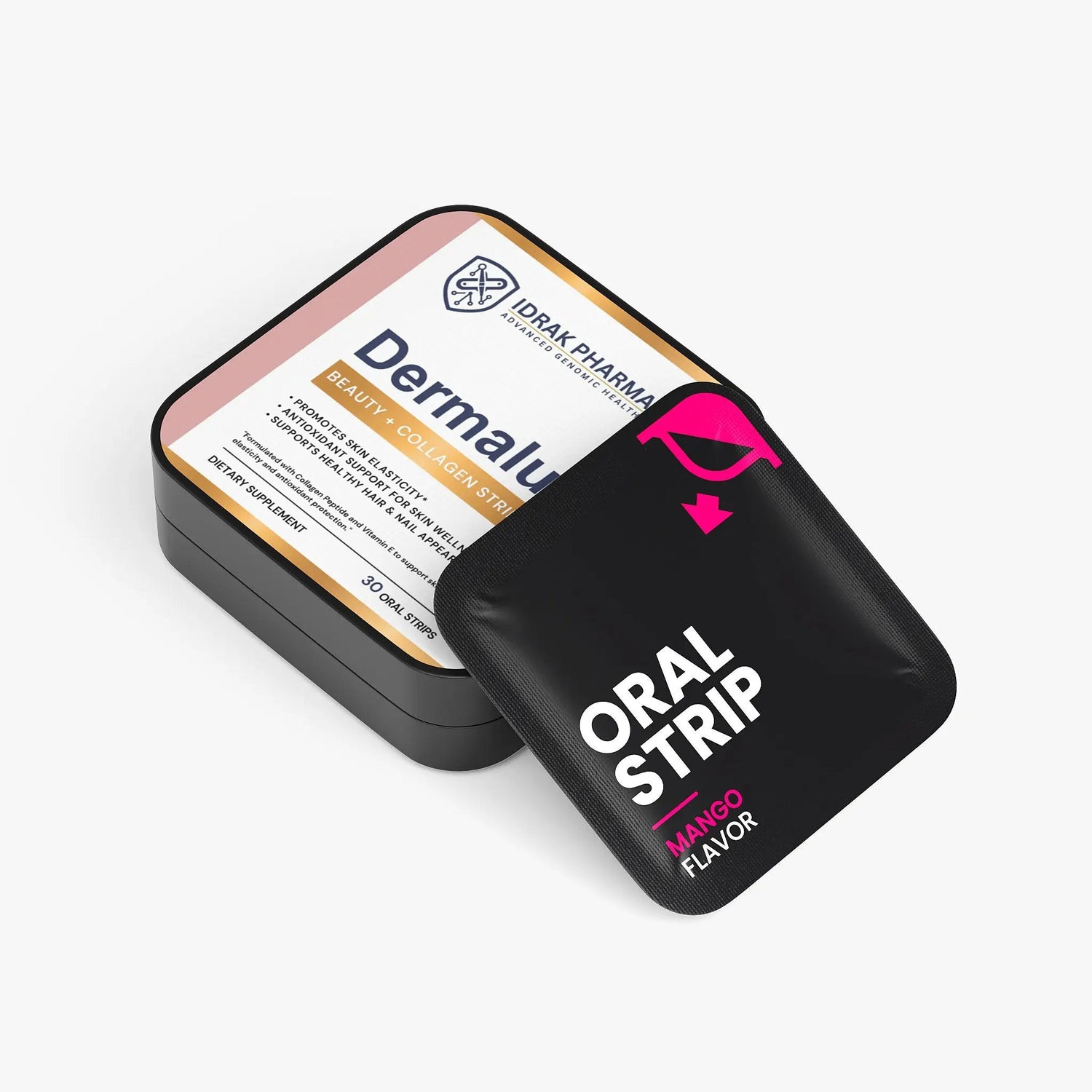 Black box with 'Oral Strip' text on a white background