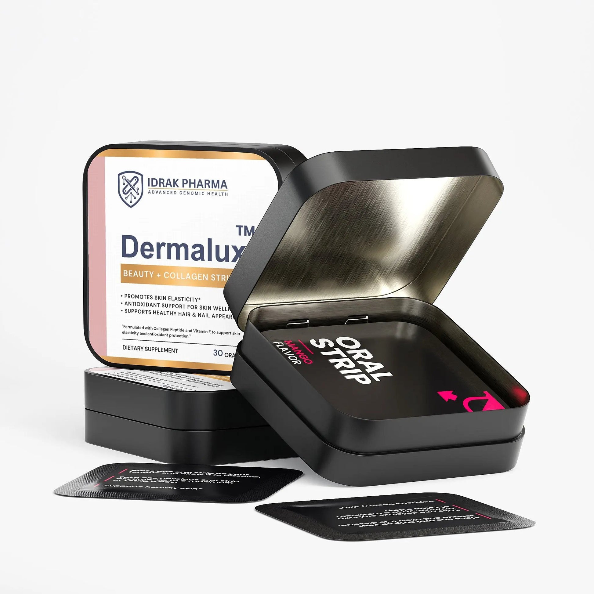 An open black metal tin of Idrak Pharma Dermalux oral strip supplement, with its branded box behind it and two small applicator packets in front, on a clean white background.