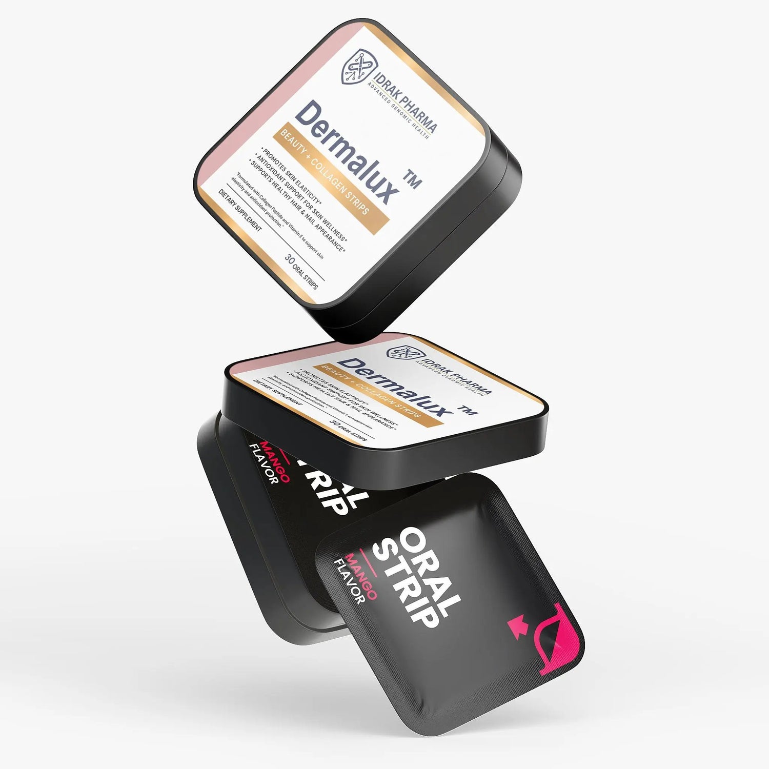 Two Dermalux Collagen & Vitamin E oral strip packages with visible branding on a white background