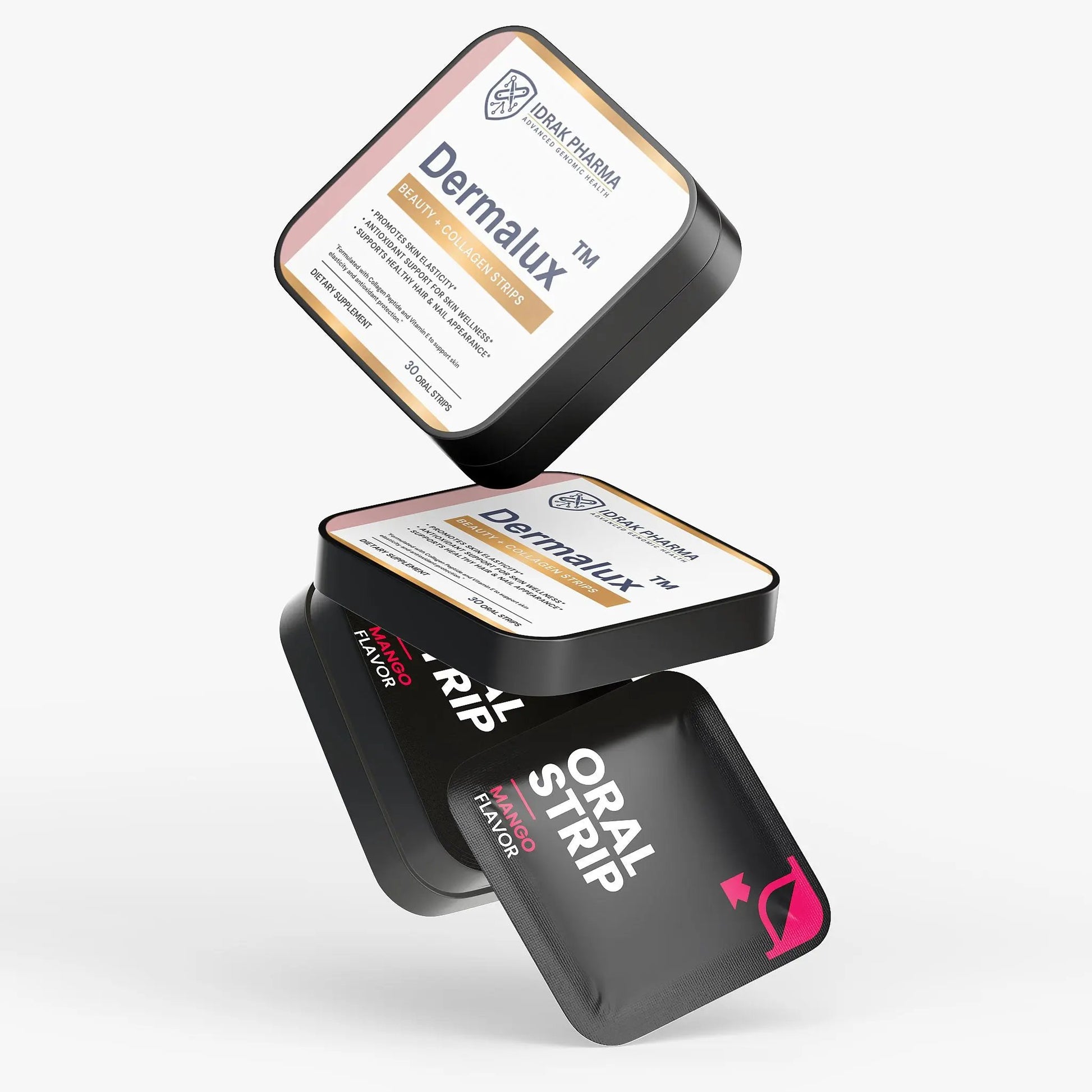 Two Dermalux Collagen & Vitamin E oral strip packages with visible branding on a white background