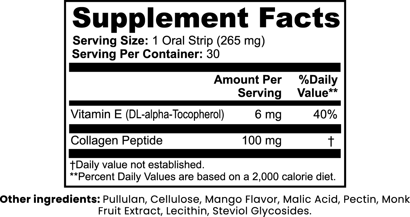 Supplement facts label with vitamin E and collagen peptide content on a white background