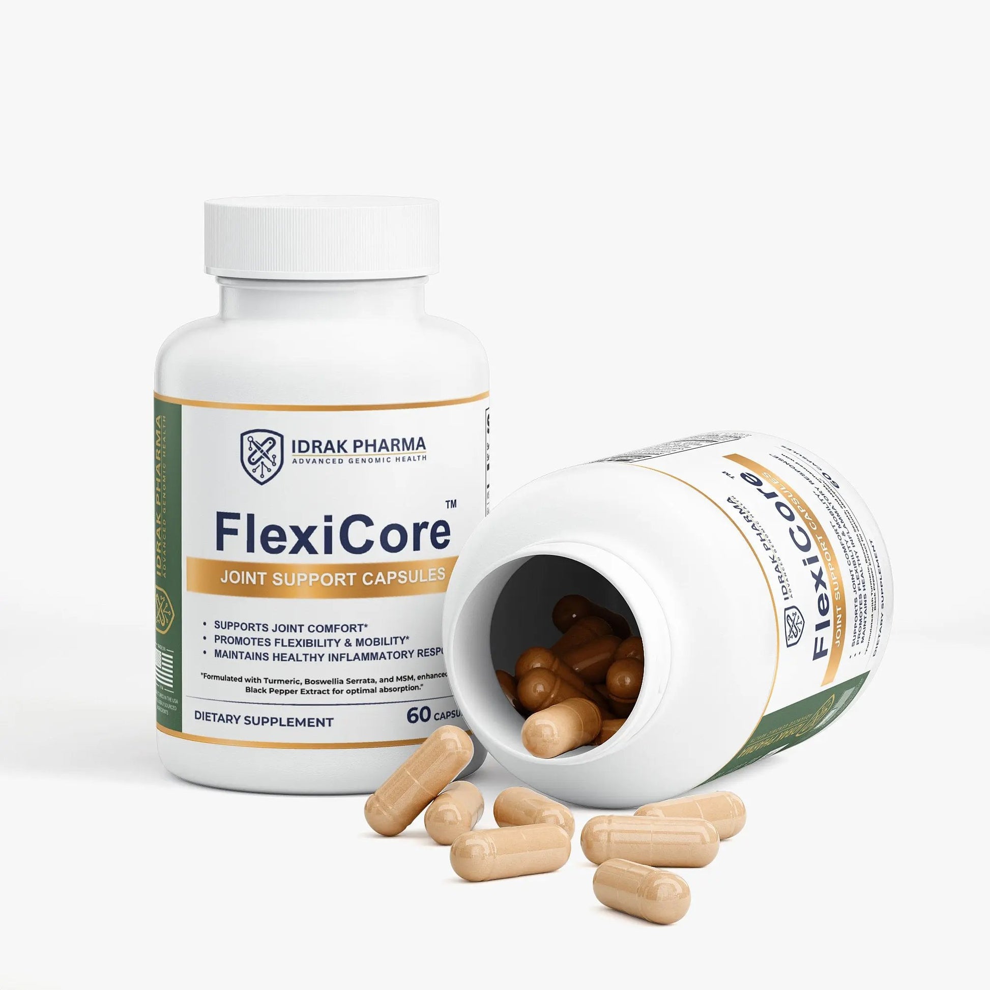 FlexiCore Joint Support Supplement bottle with capsules spilling out