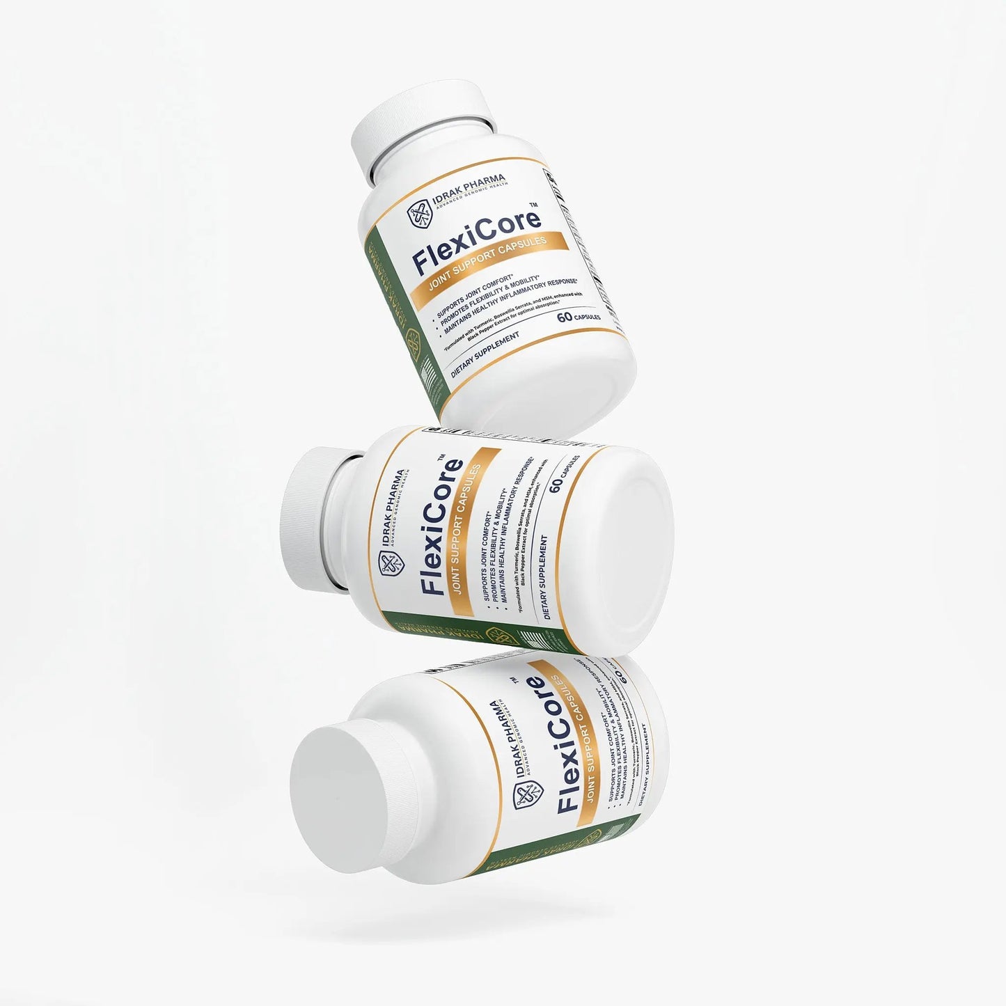 Three bottles of FlexiCore Joint Support Supplement stacked together