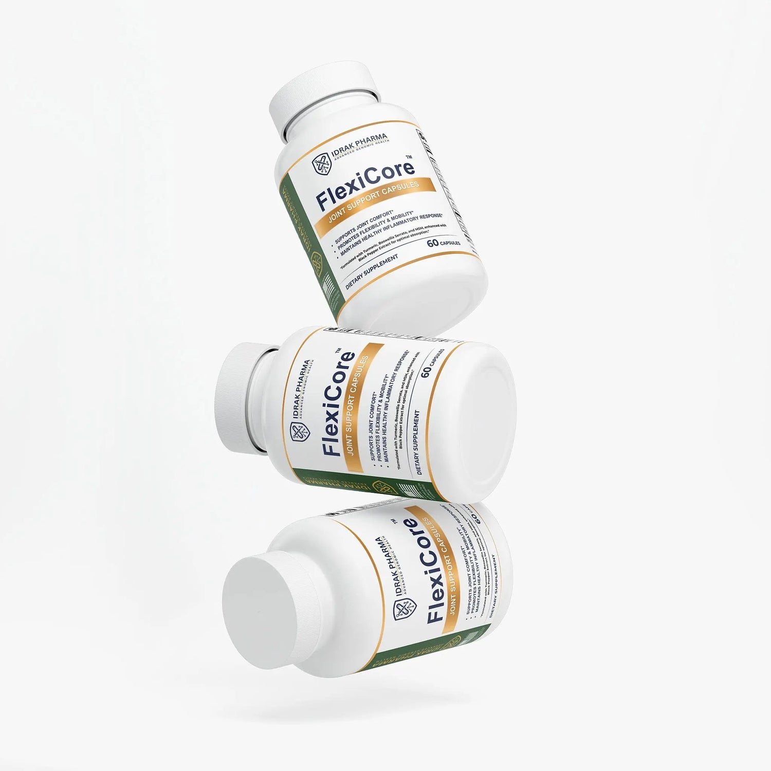 Three bottles of FlexiCore Joint Support Supplement stacked together