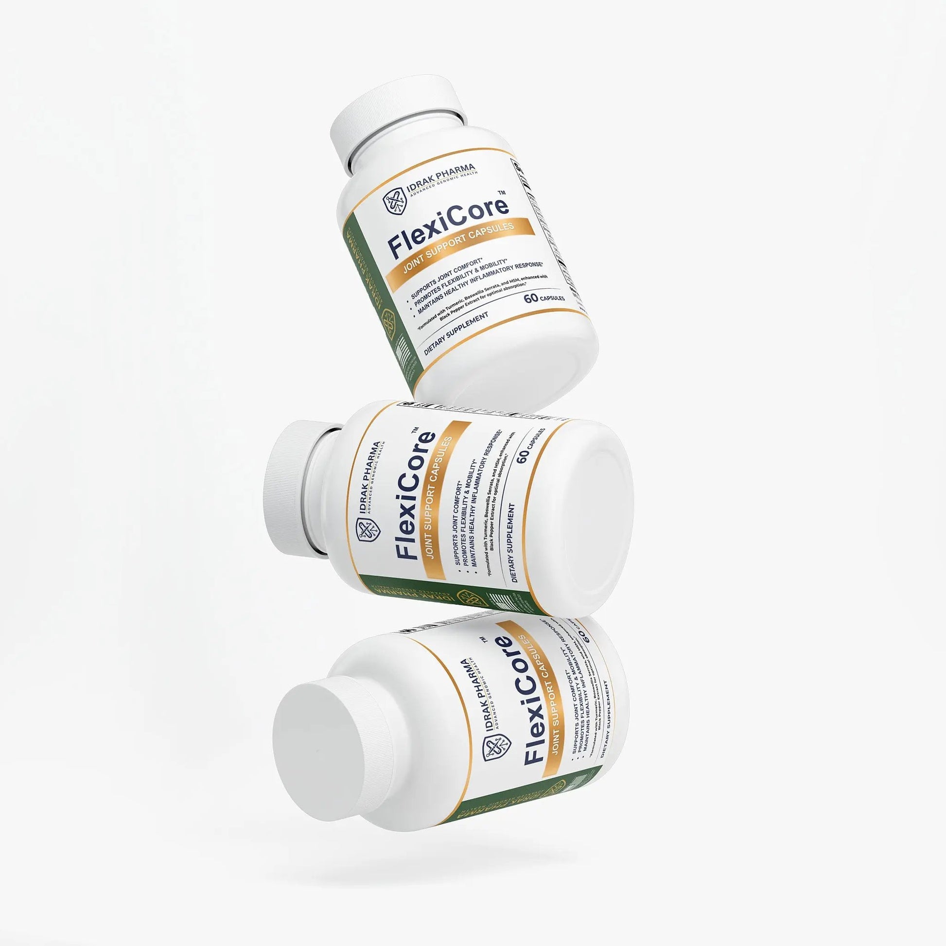 Three bottles of FlexiCore Joint Support Supplement stacked together