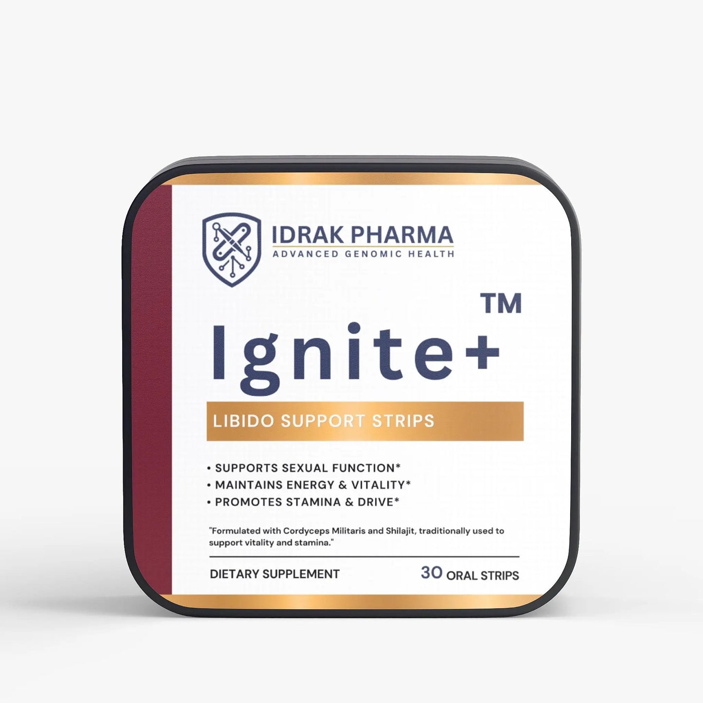 A square supplement package for Idrak Pharma Ignite+ Libido Support Strips, shown on a clean light gray background. The package has a white front label with dark navy text, a gold band, and a dark red side panel with a black border.