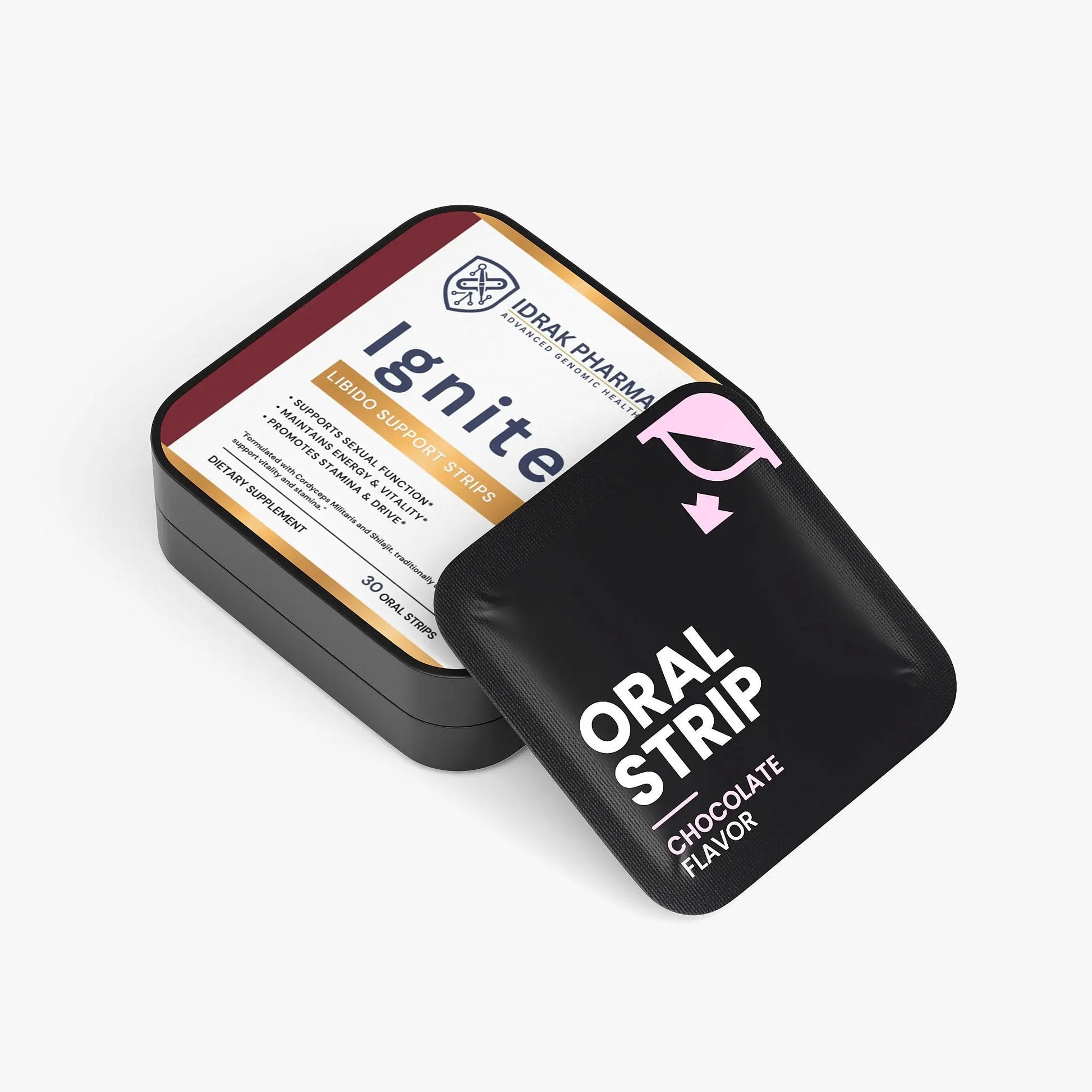 A black round tin of Idrak Pharma Ignite oral strip chocolate flavor, with a black square card placed on top showing the product name and a pink arrow graphic, photographed on a light gray background.
