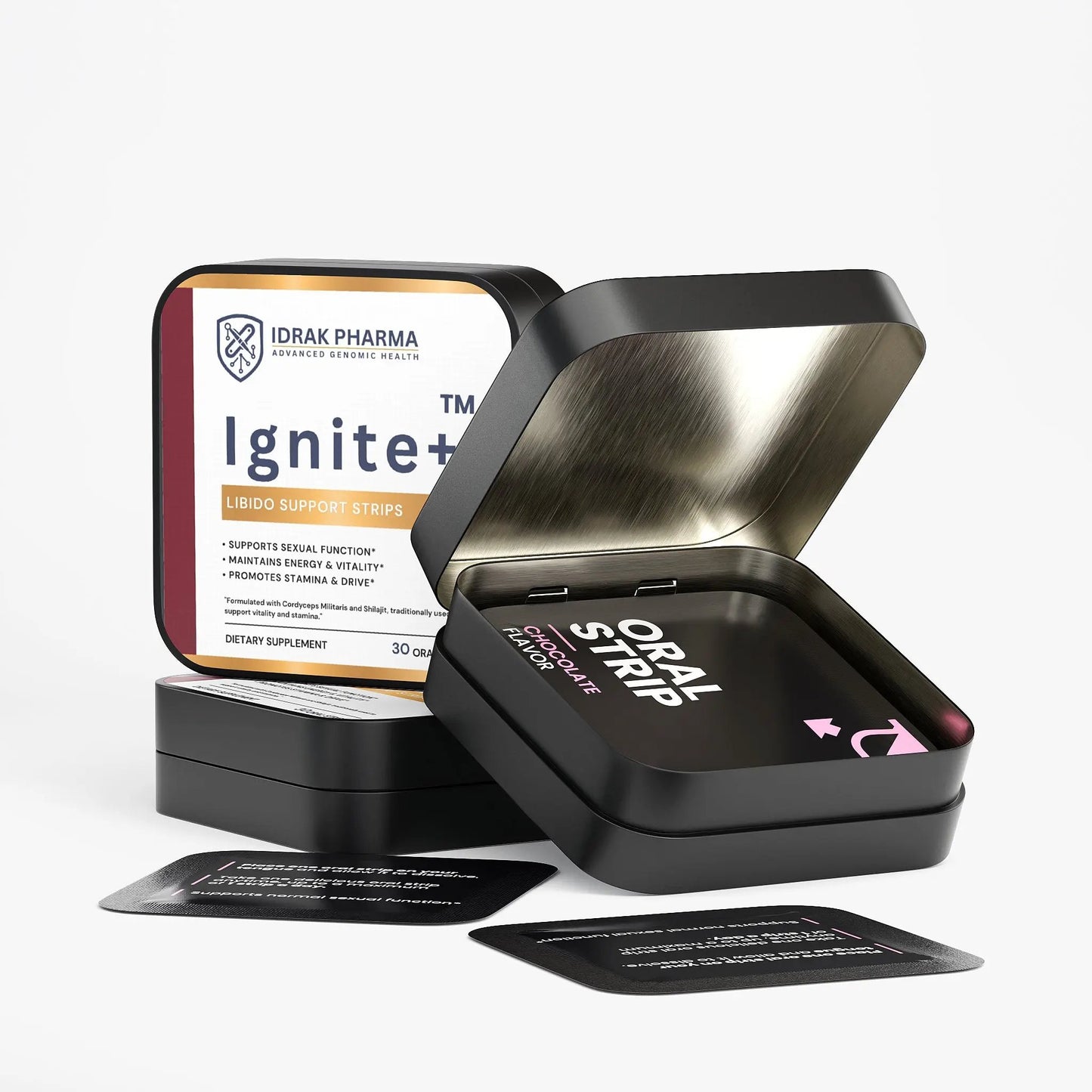 An open black metal tin of Idrak Pharma Ignite+ oral support strips, with a closed tin behind it and two small instruction cards in front, photographed on a clean white background.