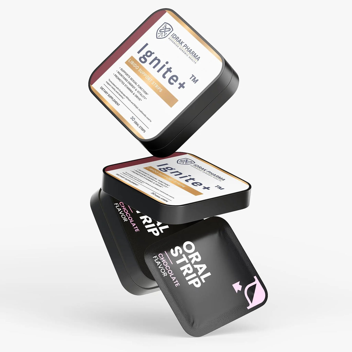 Three black oral strip packages floating in a clean studio render on a light gray background. The top package shows the lid with the brand name Idrak Pharma and product name Ignite+.