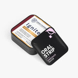 Ignite+™ chocolate oral strip tin with branded oral strip packet by Idrak Pharma