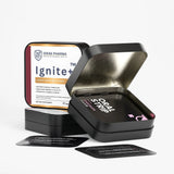 Ignite+™ open oral strip tin with closed tin and chocolate strip packets by Idrak Pharma