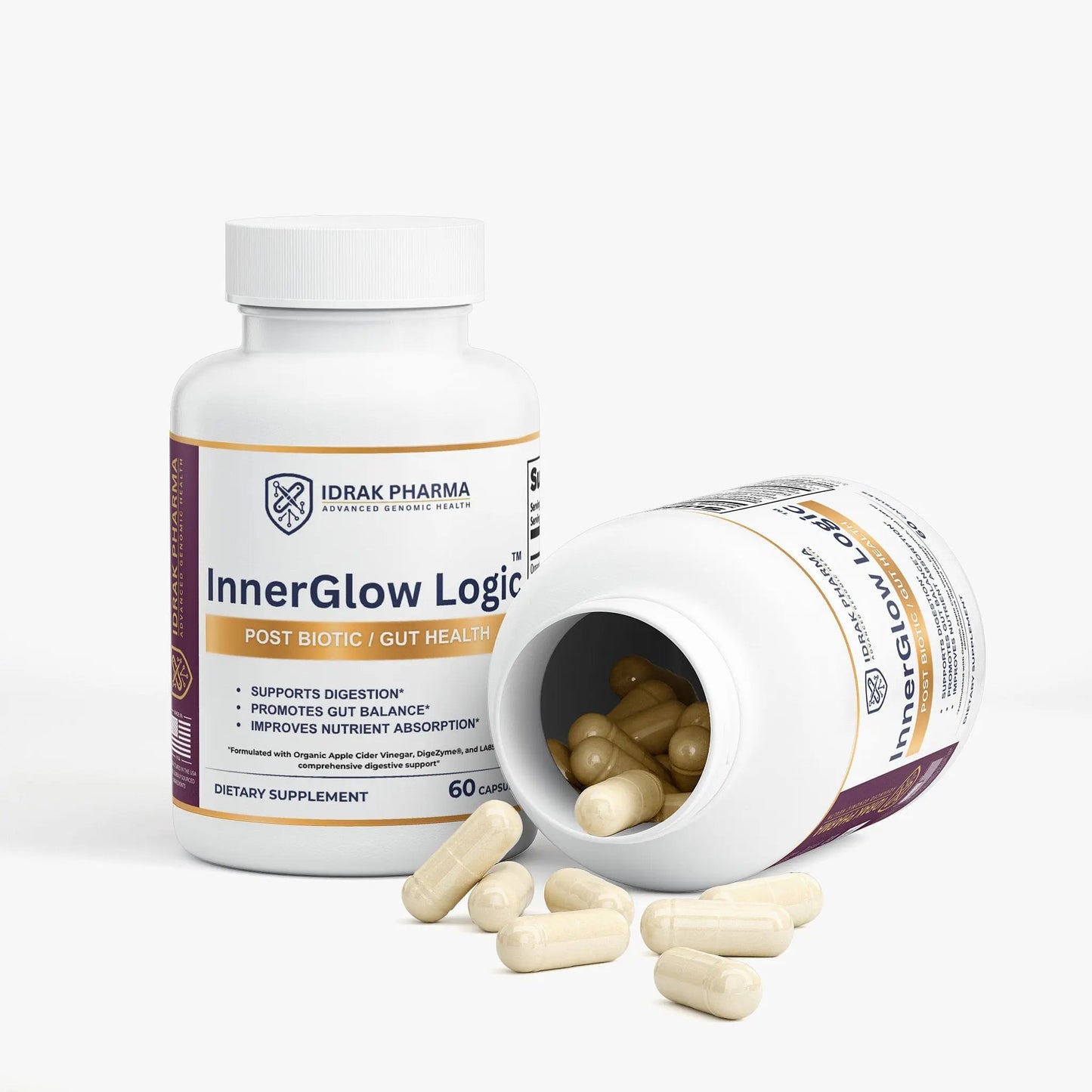 InnerGlow Logic Gut Health Probiotic Capsules bottle with capsules spilling out