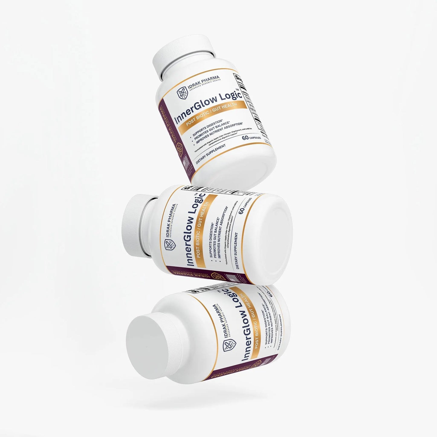 Three bottles of InnerGlow Logic Gut Health Probiotic Capsules stacked together