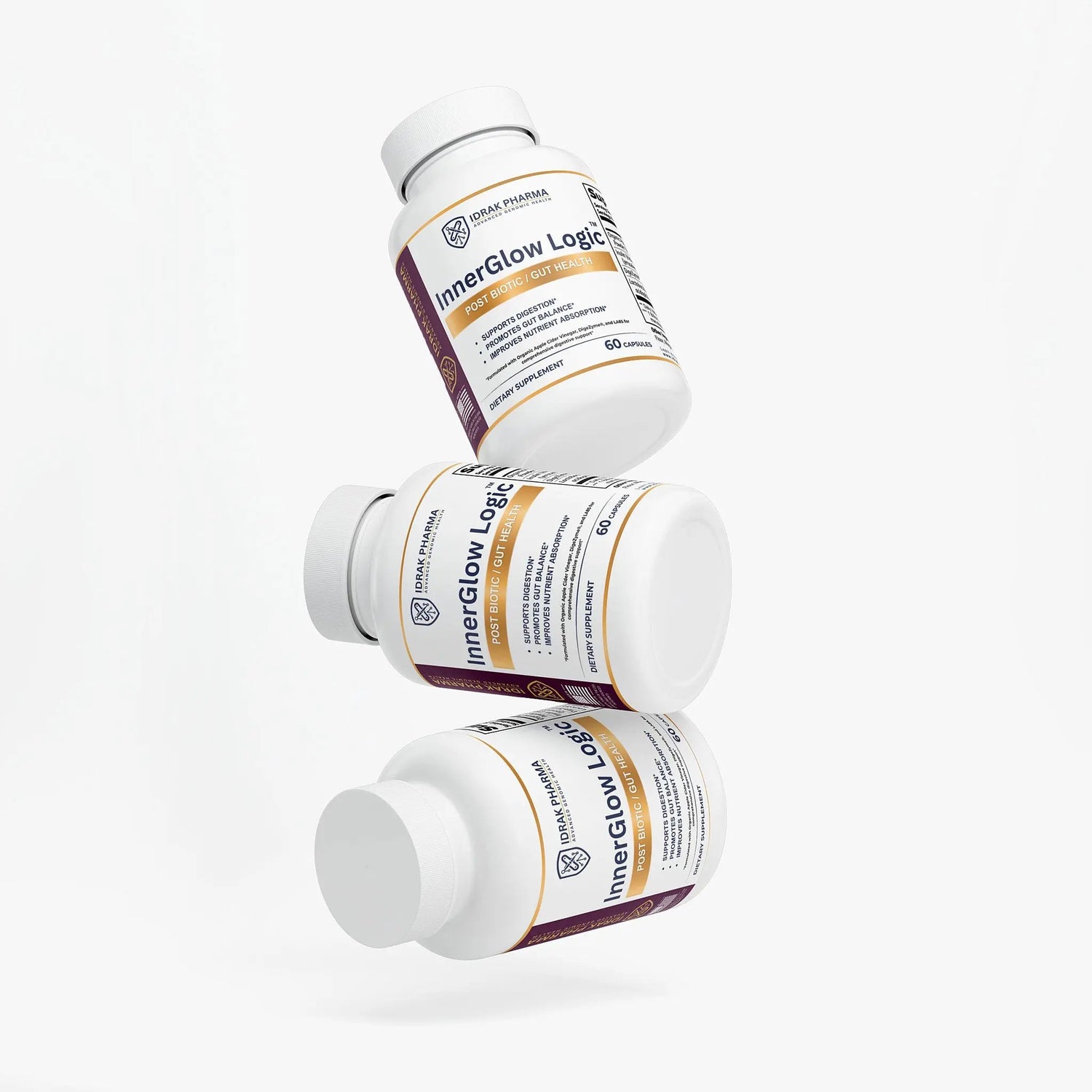 Three bottles of InnerGlow Logic Gut Health Probiotic Capsules stacked together