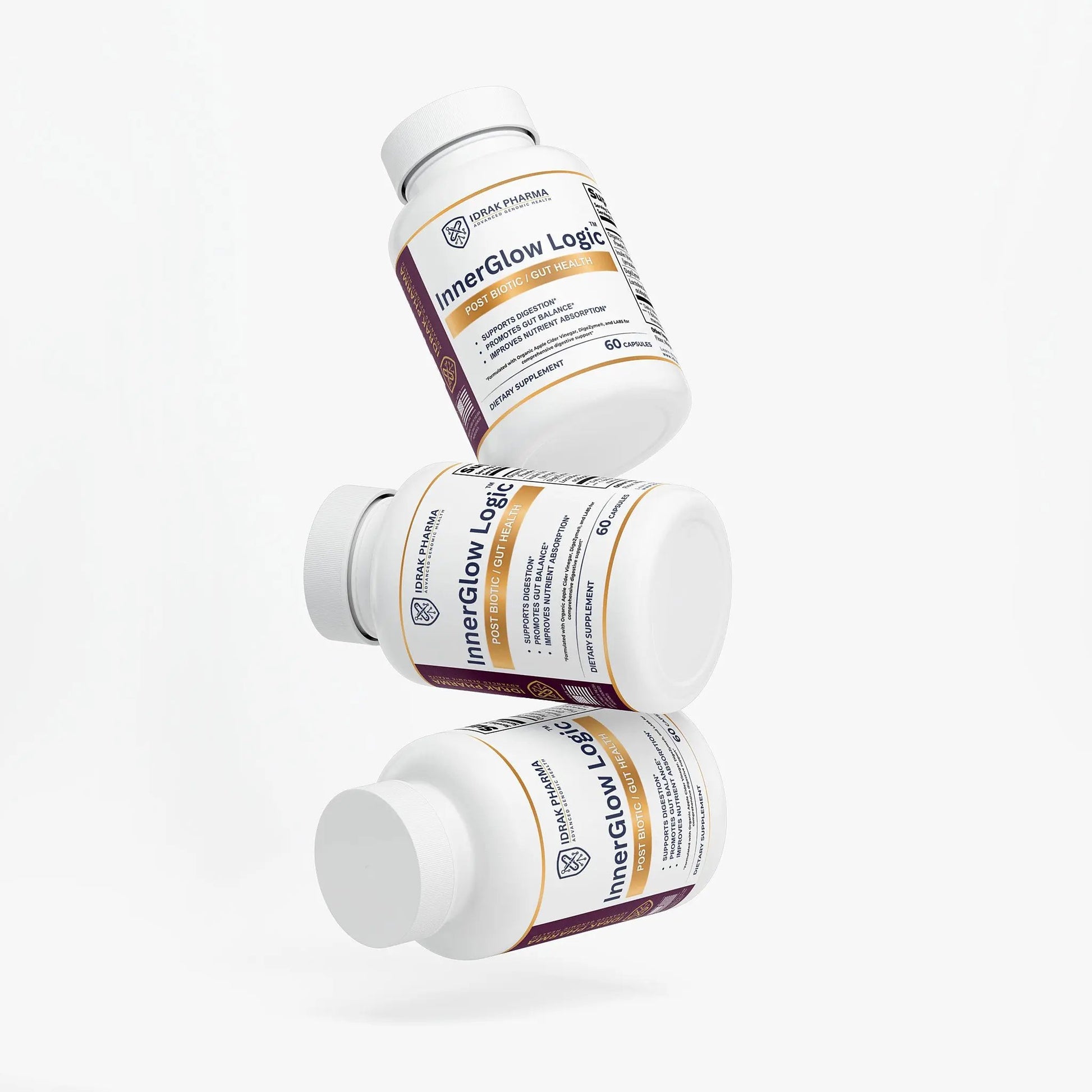 Three bottles of InnerGlow Logic Gut Health Probiotic Capsules stacked together