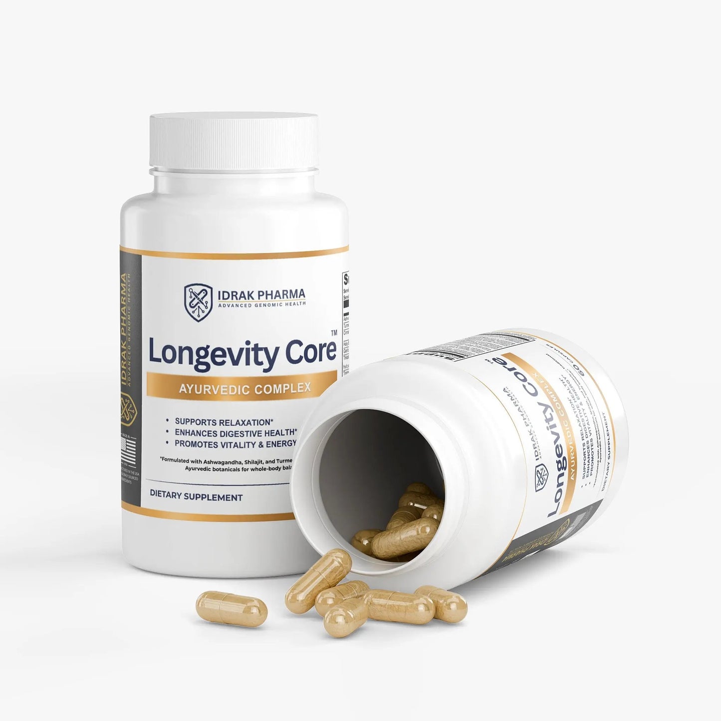Longevity Core Ayurvedic Wellness Capsules bottle with capsules spilling out