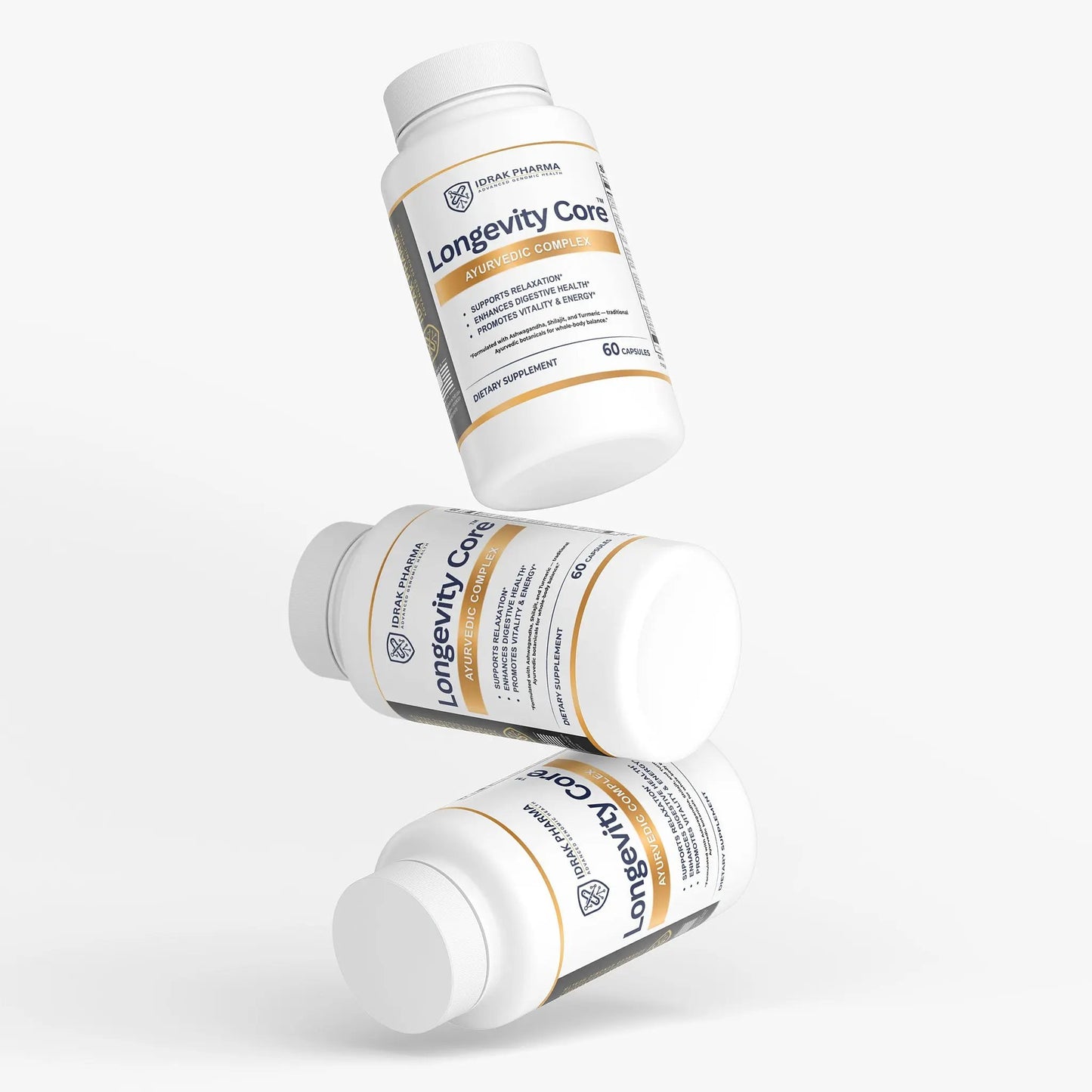 Three bottles of Longevity Core Ayurvedic Wellness Capsules stacked together
