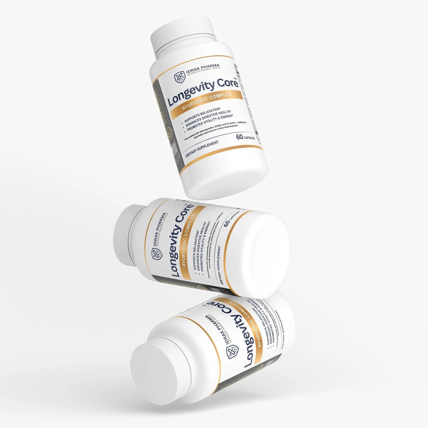 Three bottles of Longevity Core Ayurvedic Wellness Capsules stacked together