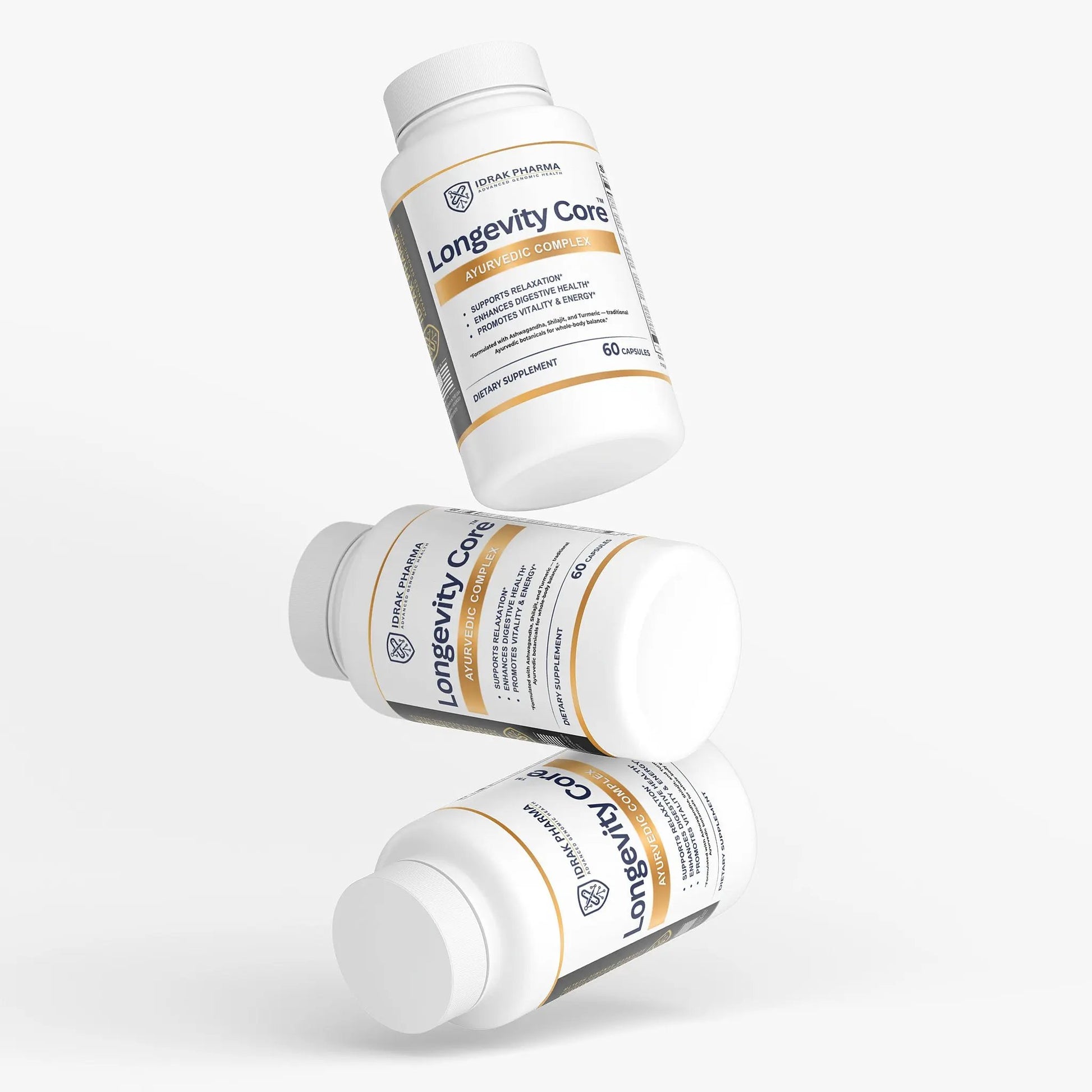 Three bottles of Longevity Core Ayurvedic Wellness Capsules stacked together