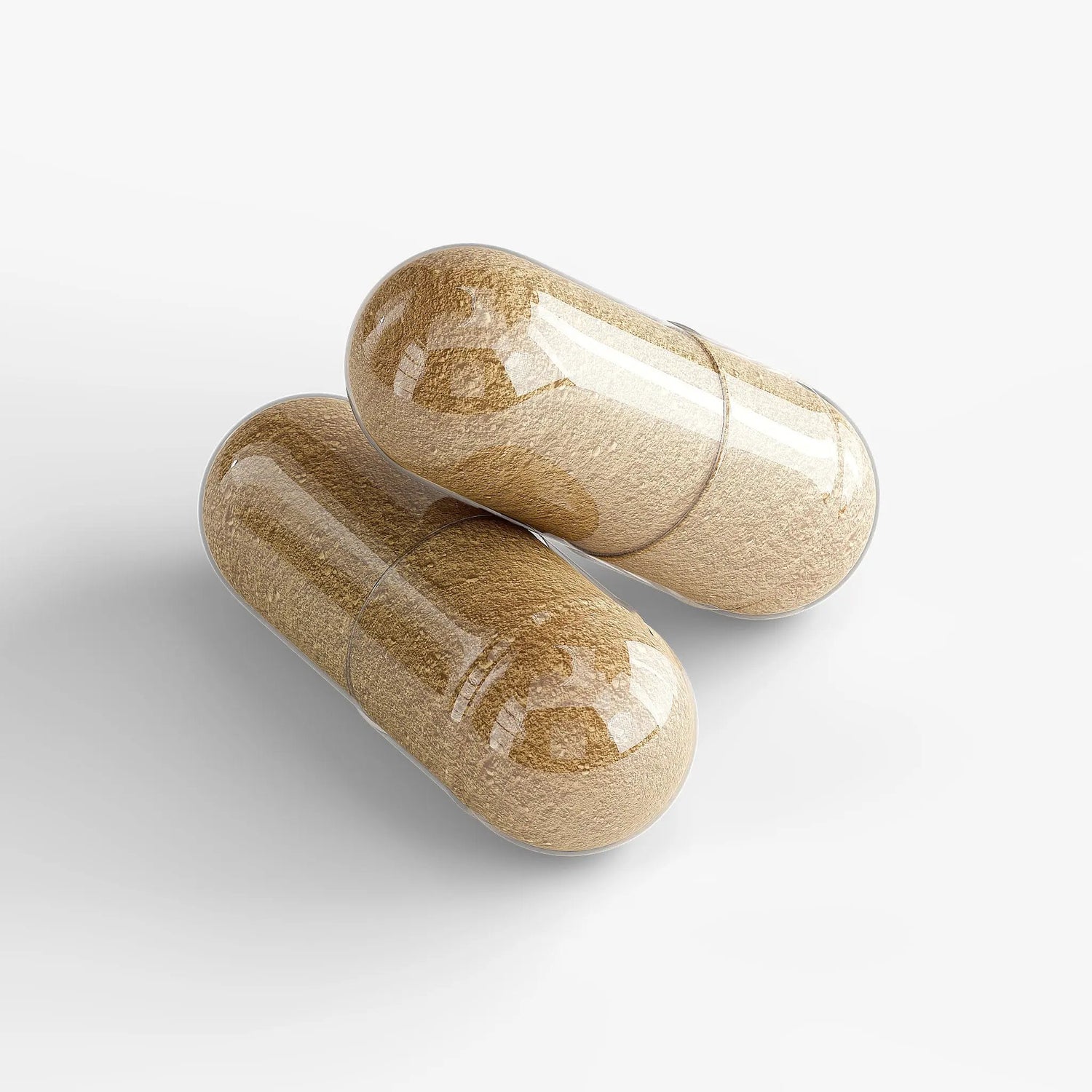 Close-up of two Longevity Core Ayurvedic Wellness capsules