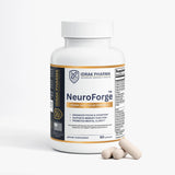 A white bottle of IDRAK PHARMA NeuroForge dietary supplement capsules with two capsules placed in front on a clean white background.
