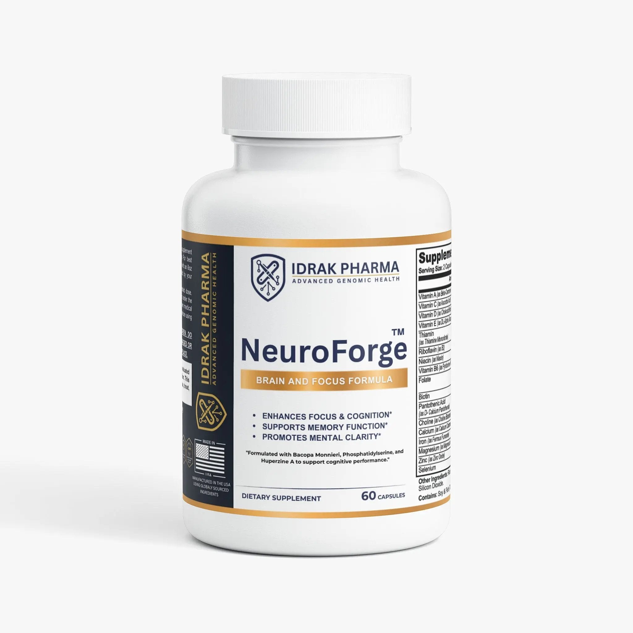 A white plastic bottle of IDrak Pharma NeuroForge dietary supplement with a white cap, set against a clean light gray background.
