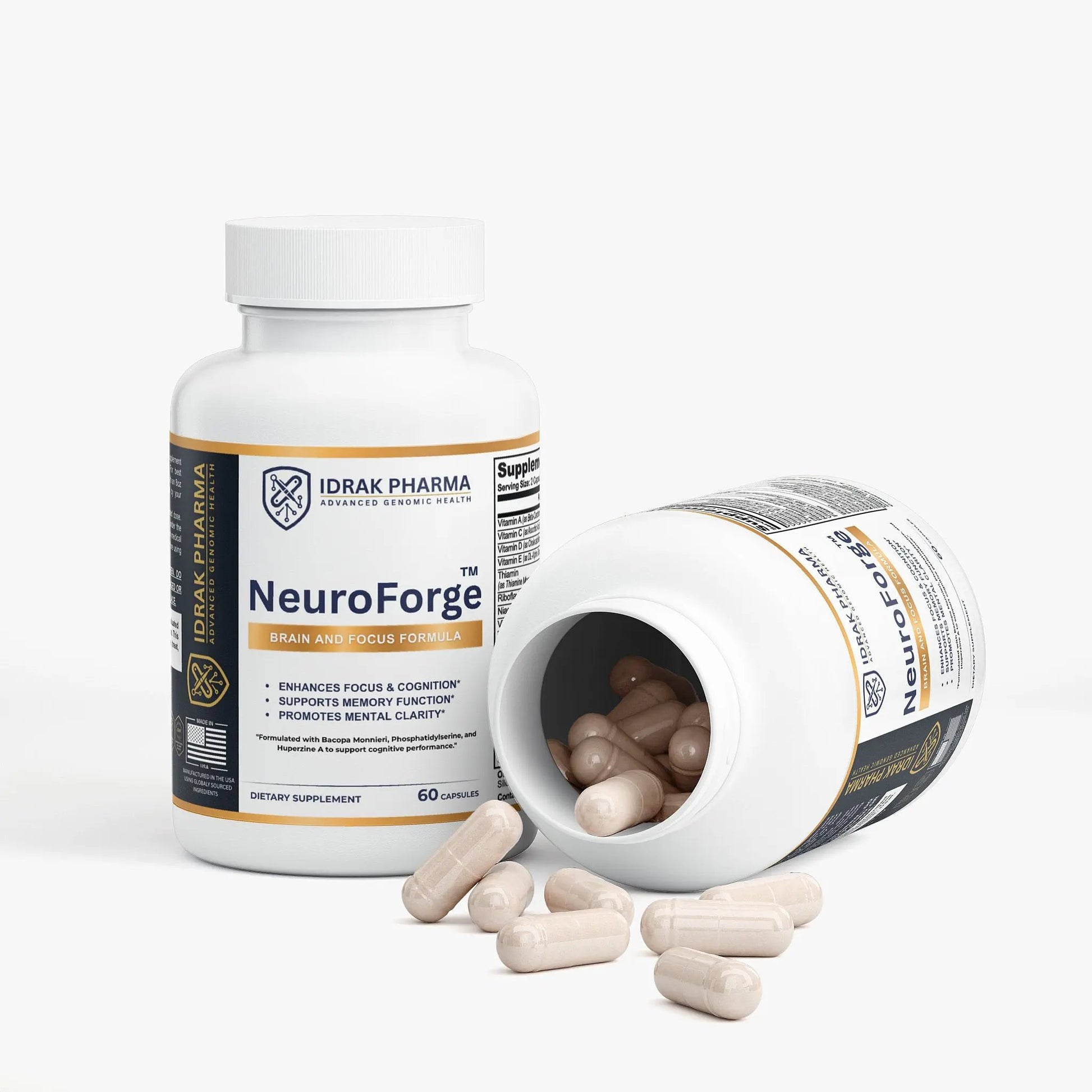 A white bottle of IDRAK PHARMA NeuroForge dietary supplement with a second bottle lying on its side showing beige capsules inside, with several capsules scattered in front, on a light gray background.