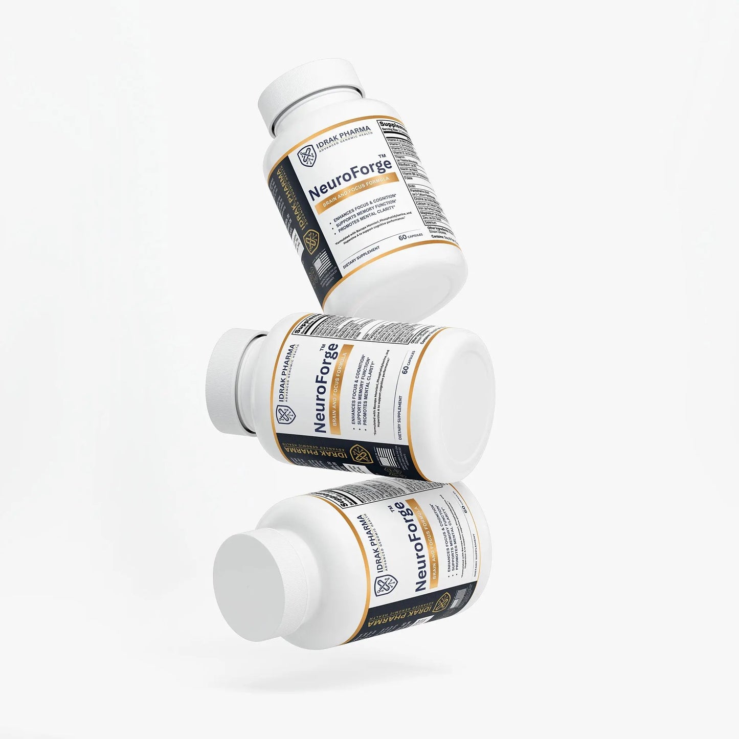 Three white supplement bottles labeled NeuroForge by Brain Forge, arranged in a floating diagonal stack on a clean white background.