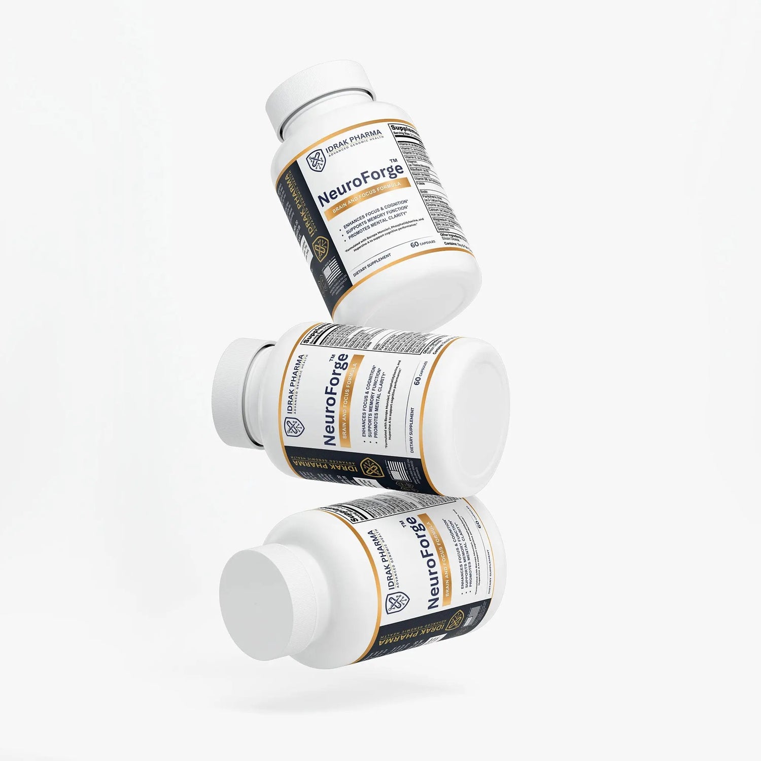 Three white supplement bottles labeled NeuroForge by Brain Forge, arranged in a floating diagonal stack on a clean white background.